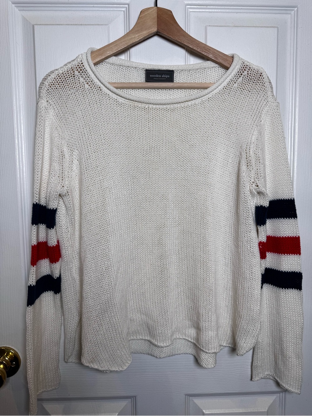 Wooden Ships S/M Ivory Cotton Blend Sweater Red Navy Stripe Sleeves Coastal